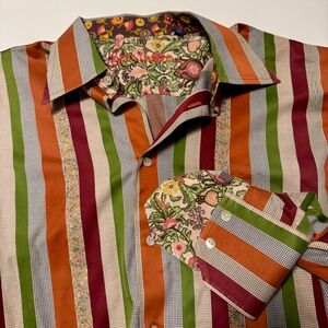 Robert Graham Men's XL Shirt Earth Tone Striped with Floral Contrast Cuffs